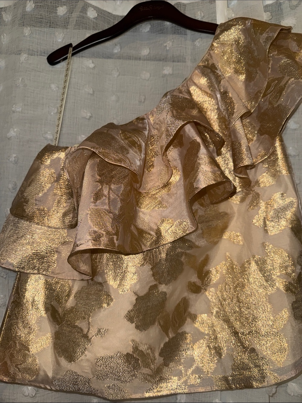 Lilly Pulitzer Trixie One-Shoulder Ruffle Top - Gold Organza Brocade